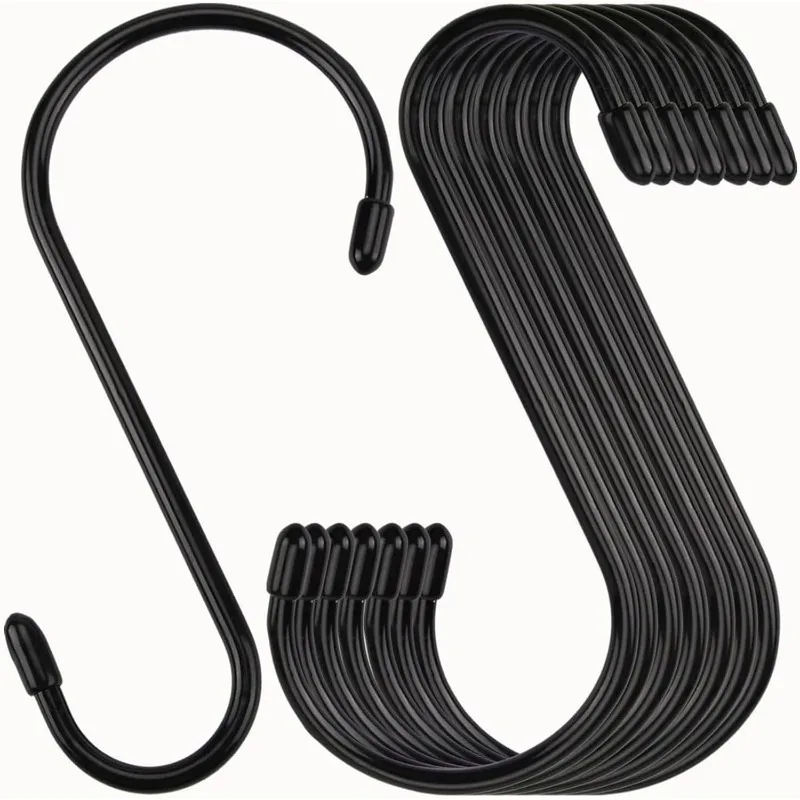 

24 Pack 6 Inch S Hook, Large Vinyl Coated S Hooks with Rubber Stopper Non Slip Heavy Duty S Hook, Steel Metal Black Rubber Coate