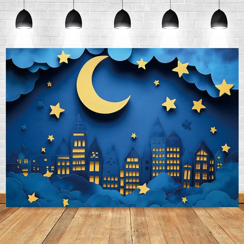 Baby 1st Birthday Party Backdrop Night City Bulidings Moon Stars Cake Smash Photography Background Wall Decor Photo Studio Props