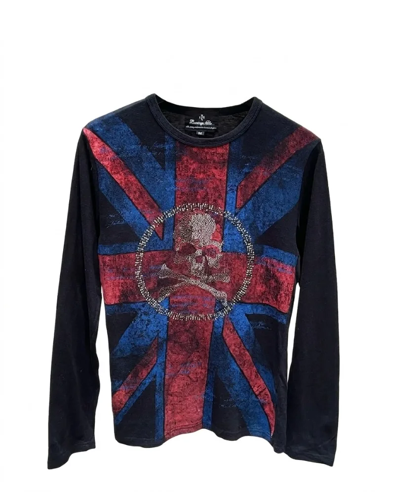 Y2K Gothic Union Jack Print Long Sleeve T Shirt Wide Leg Pants Set