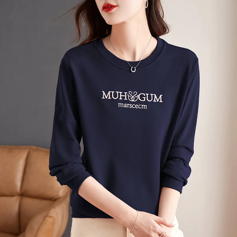 Spring Autumn Women\'s Pullover Round Neck Solid Embroidery Letter Printing Long Sleeve Hoodies T-shirt Fashion Casual Tops