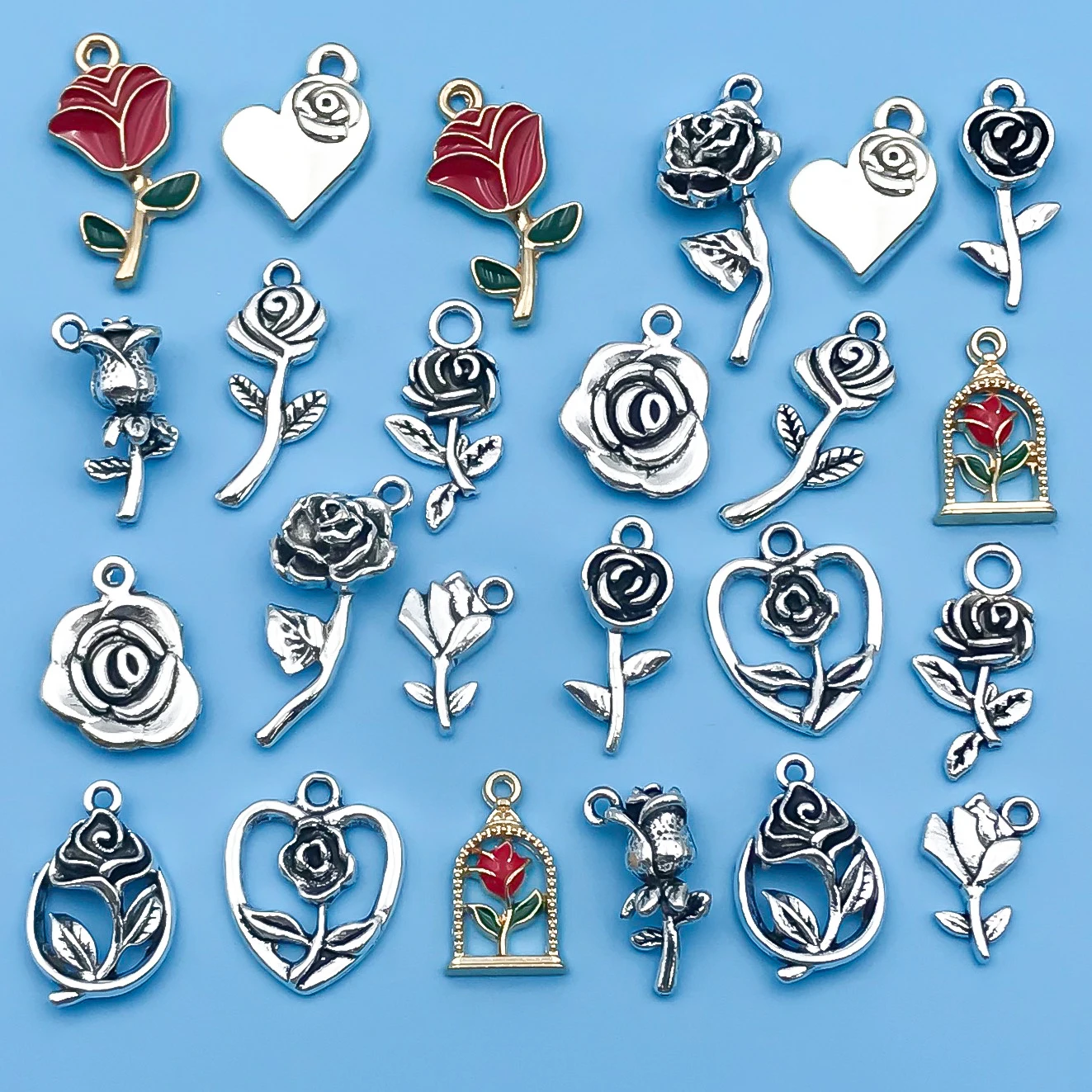 10/24Pcs/Pack Romantic Vintage Rose Flower Chaems Alloy Small Pendants for Jewelry Making Findings Crafting Accessory