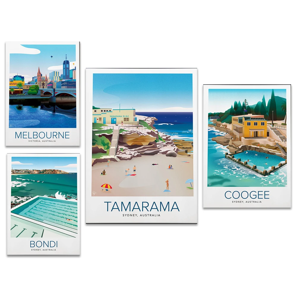 Melbourne City Flinders Station, Bondi Sydney, Coogee Beach, Tamarama Beach, Oriental Bay Wellington New Zealand travel poster