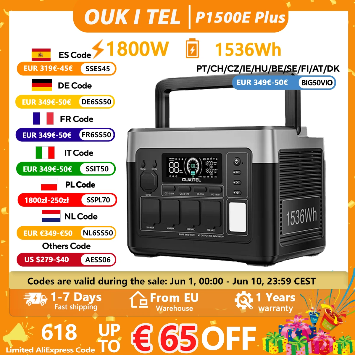 OUKITEL P1500 PLUS 1800W Portable Power Station 1536Wh Lifepo4 Battery Solar Generator, Home Backup Outdoor Camping Mobile Power