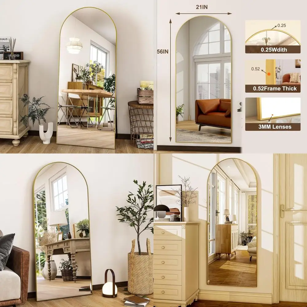 

Contemporary Gold Floor Mirror with Arch Design, Free-Standing or Wall-Mounted for Large Bedrooms