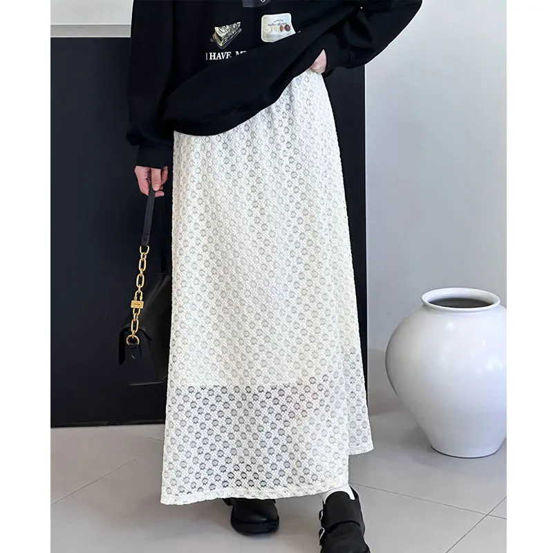 2024 New Arrival Women Lace Skirts Stretch High Waist Women Spring Summer Two Layer A-Line Long Skirts Faldas Femme Streetwear