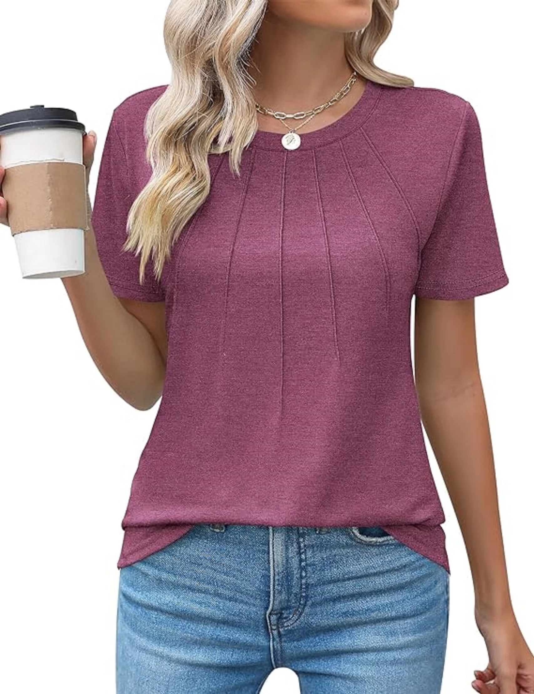 Womens Casual Crew Neck Short Sleeve Pleated Tops Blouses Fashion Clothes 2024 Womens Tops Summer shirts Trendy Loose Tshirts