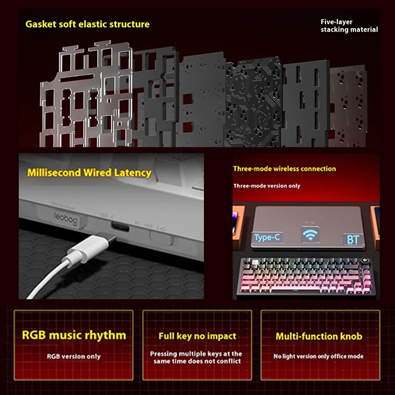 LEOBOG Hi75C Mechanical Keyboard 3Mode/Wired Kit Hot Swap With Knob RGB Aluminium Alloy Gasket Hi75C Keyboard Kit PC Custom Gift