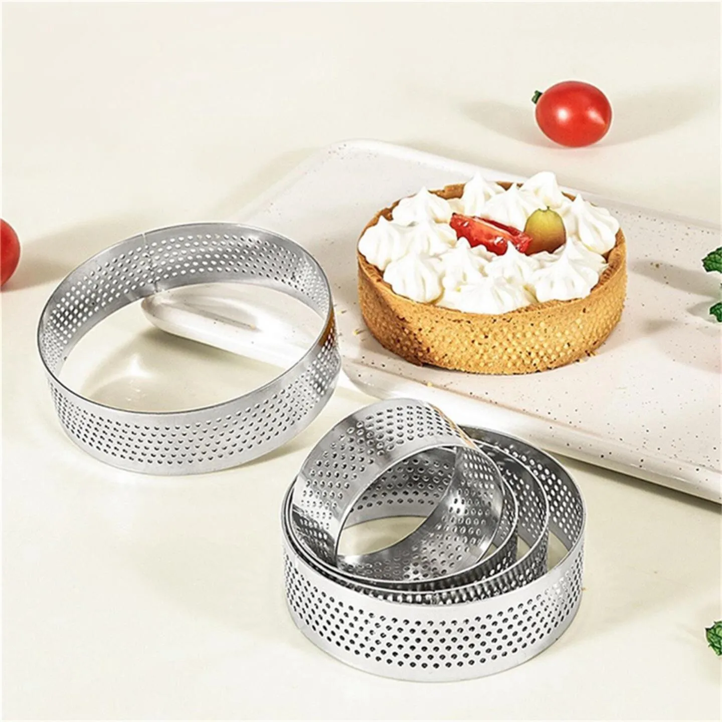 Molde redondo perforado de acero inoxidable 304 para tartas, molde para hornear flan francés con orificios, herramienta de repostería transpirable para pastelería