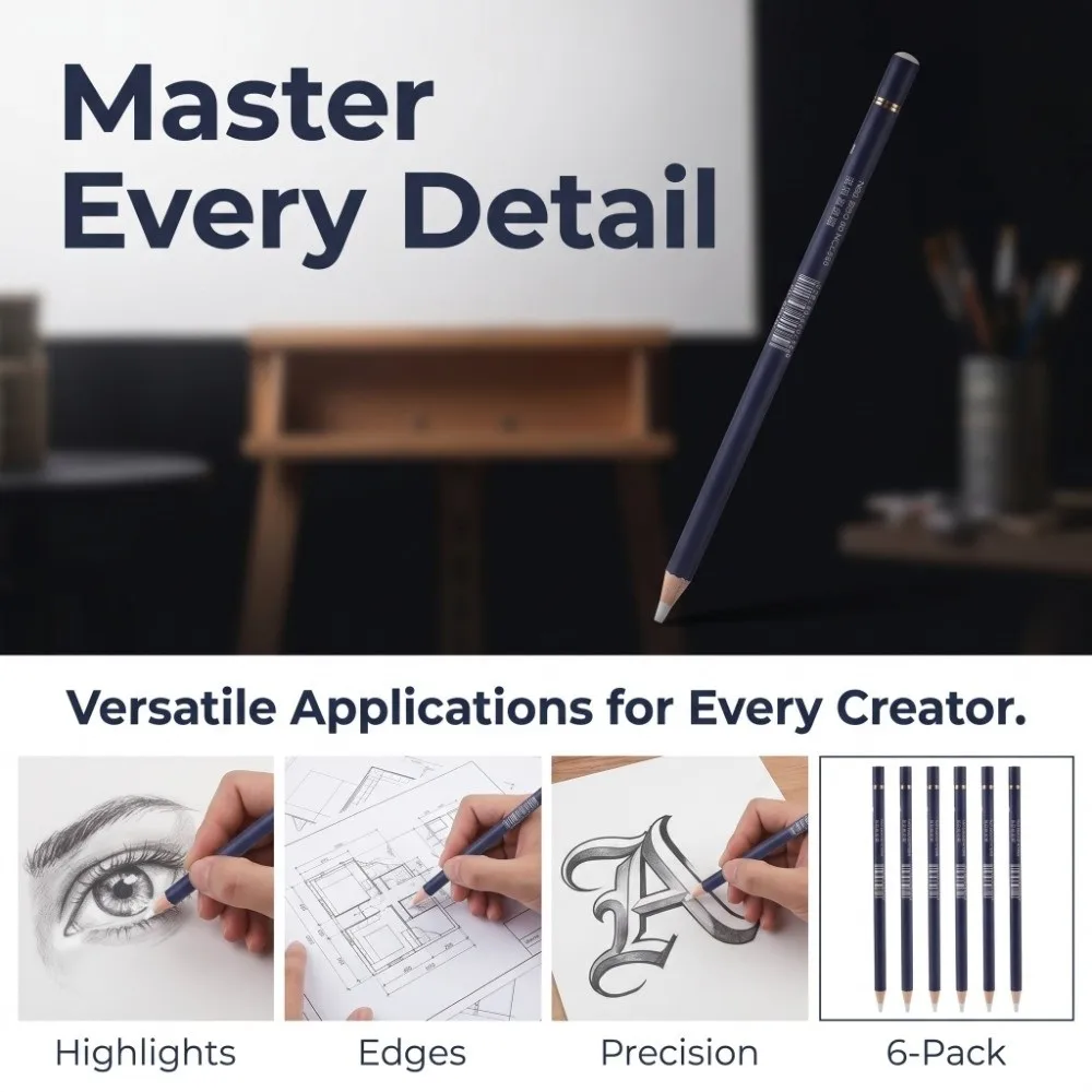 6PCS White Highlight Tone Sketch Tortillon Matte Erasing Effect Fine Detail Removal Sketch Highlight Eraser Pen-style Form