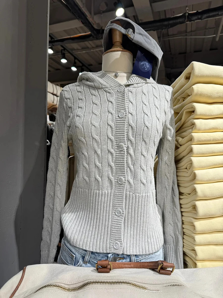 

Solid Twisted Flower Knitted Cardigan Women Autumn Long Sleeve Hooded Single Breasted Knitwear Gray Vintage Slim Sweaters Tops