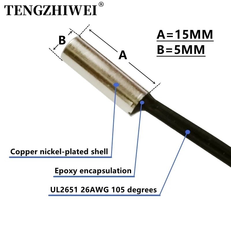 2PCS NTC Thermistor Temperature Sensor B3950 10K 1% Waterproof Probe Air Conditioning Probe 5*15MM Probe 1M