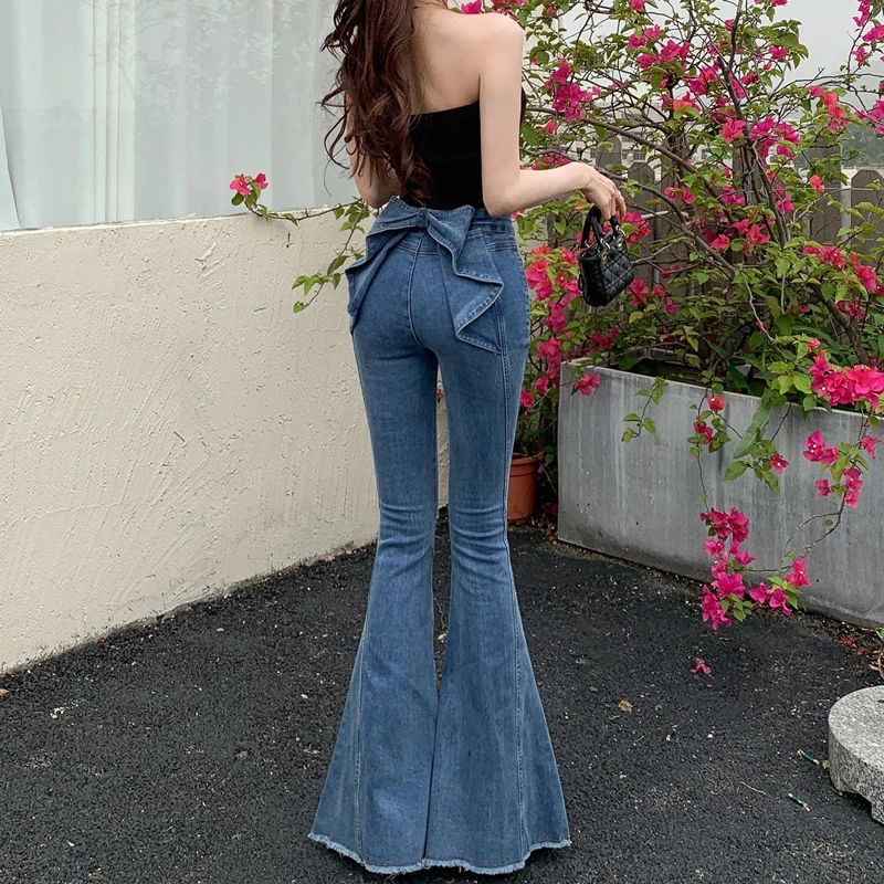 

Women Jeans Solid Color High Waist Flare Pants Zipper Pockets Streetwear Slim Button Slight Strech Belt Jeans