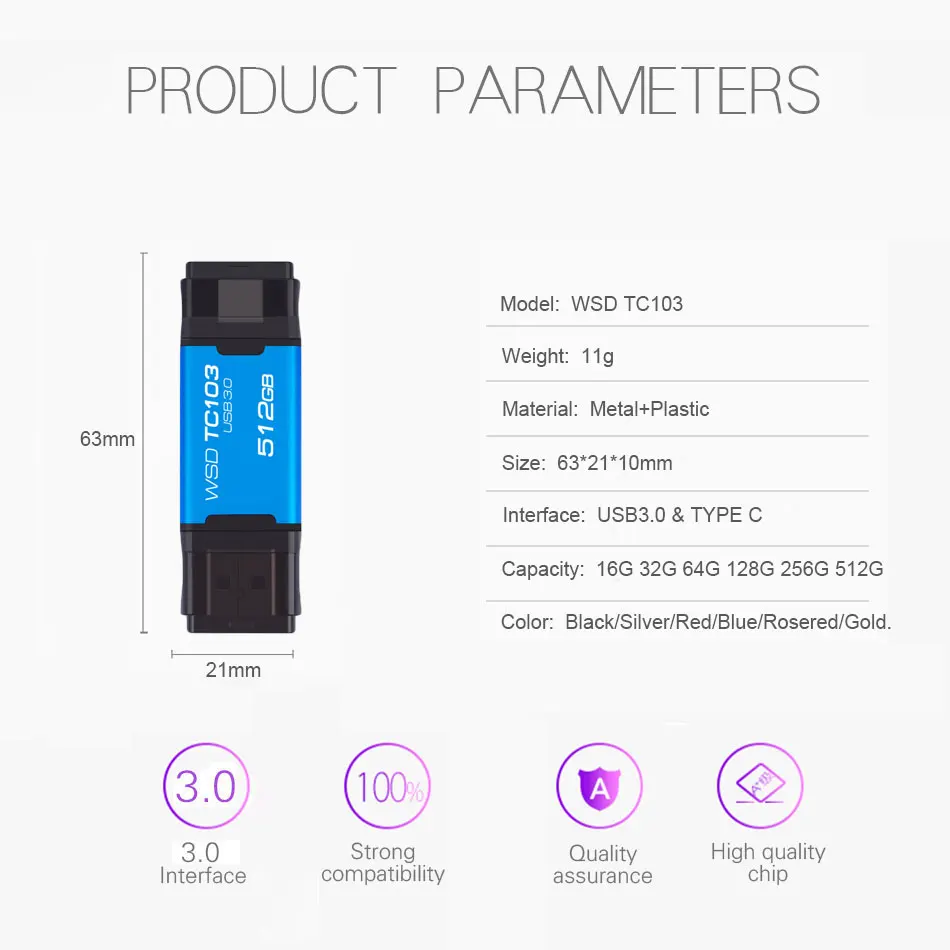 WANSENDA USB แฟลชไดรฟ์ประเภท C และ USB 3.0 ไดรฟ์ปากกา 512GB 256GB 128GB 64GB 32GB 16GB USB Memory Stick ความเร็วสูง Pendrive
