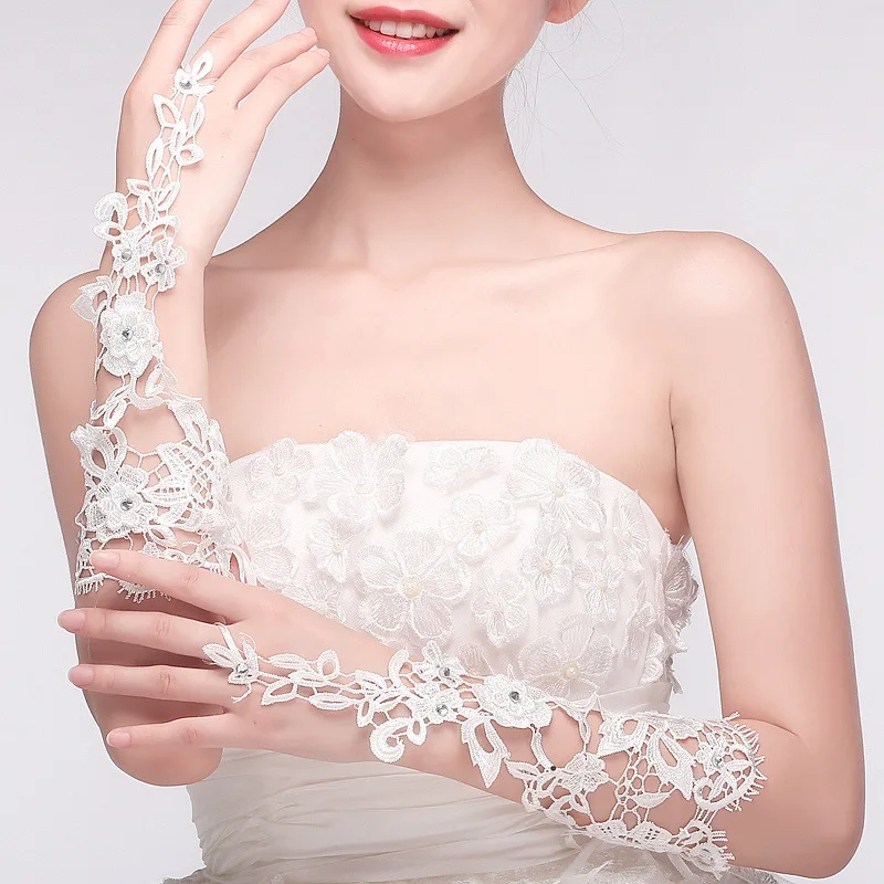 Exquisite White Lace Bridal Gloves with Pearl and Rhinestone Accents for Wedding