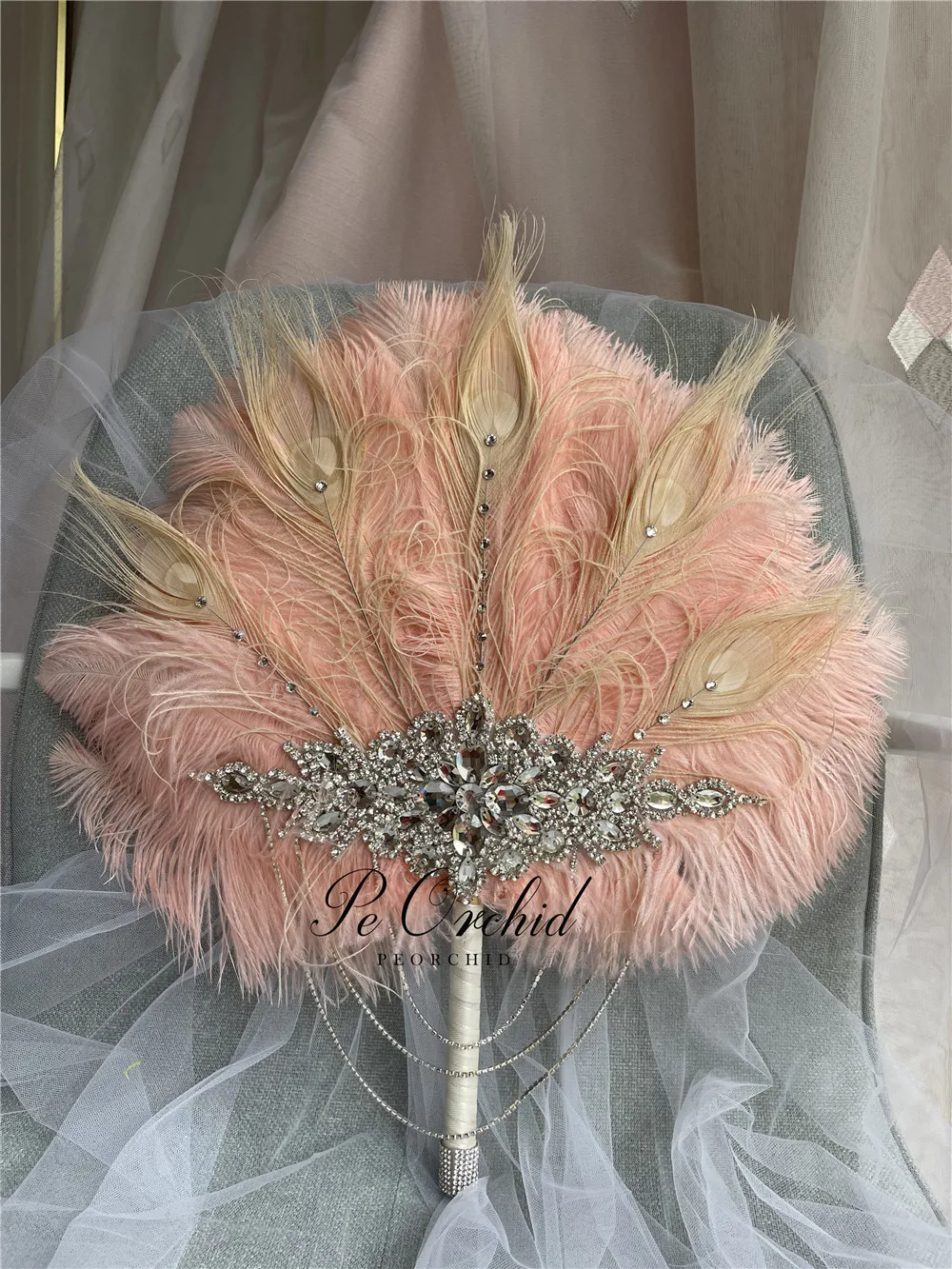 PEORCHID Luxury Pink Crystal Wedding Feather Fan Gatsby Theme Bridal Bouquet Engagement Hand Fan Brides Roaring 20's Bouquet