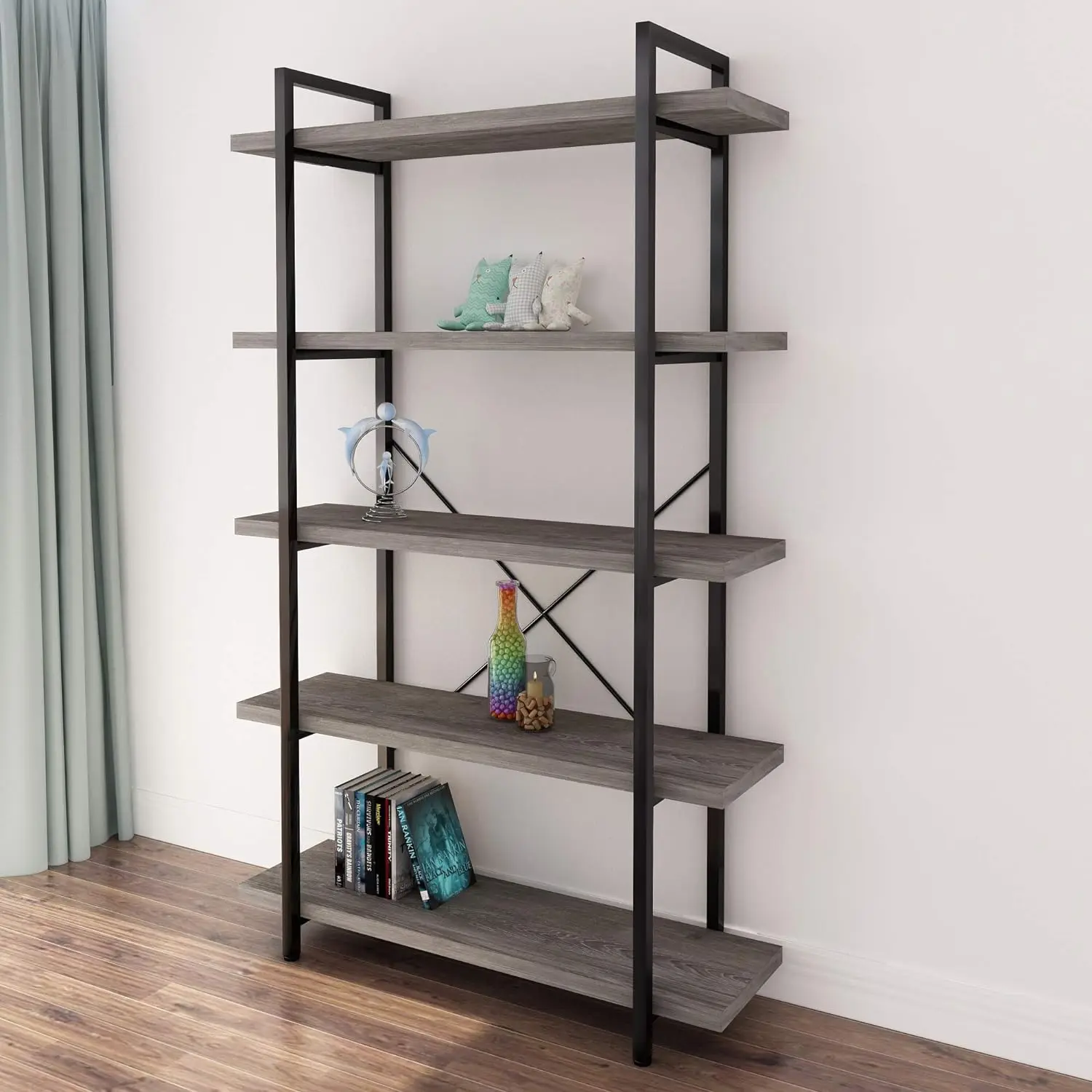 

45MinST 5-Tier Vintage Industrial Style Bookcase/Metal and Wood Bookshelf Furniture for Collection, Gray Oak,