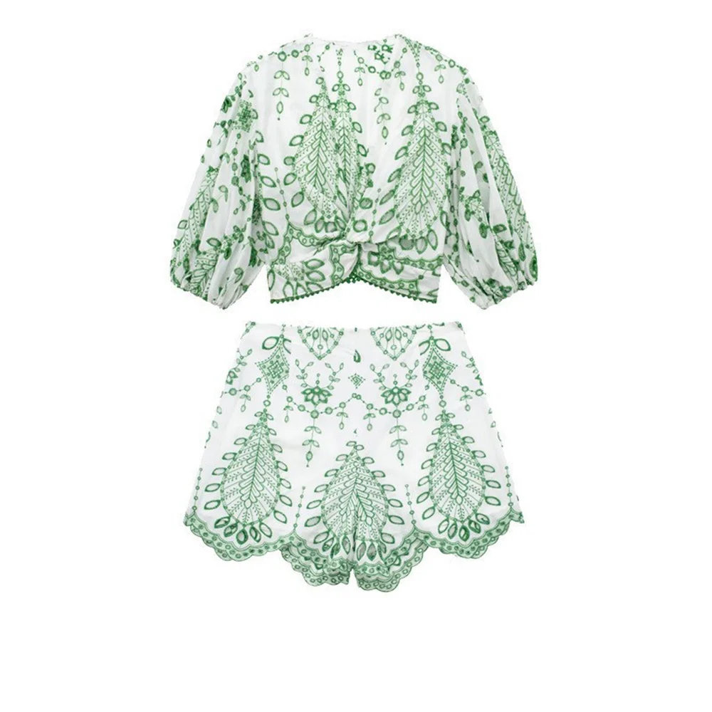 

Fashion Embroidery Shorts 2 Piece Set for Women Summer Green V Neck Puff Sleeve Crop Top and Shorts Casual Outfits