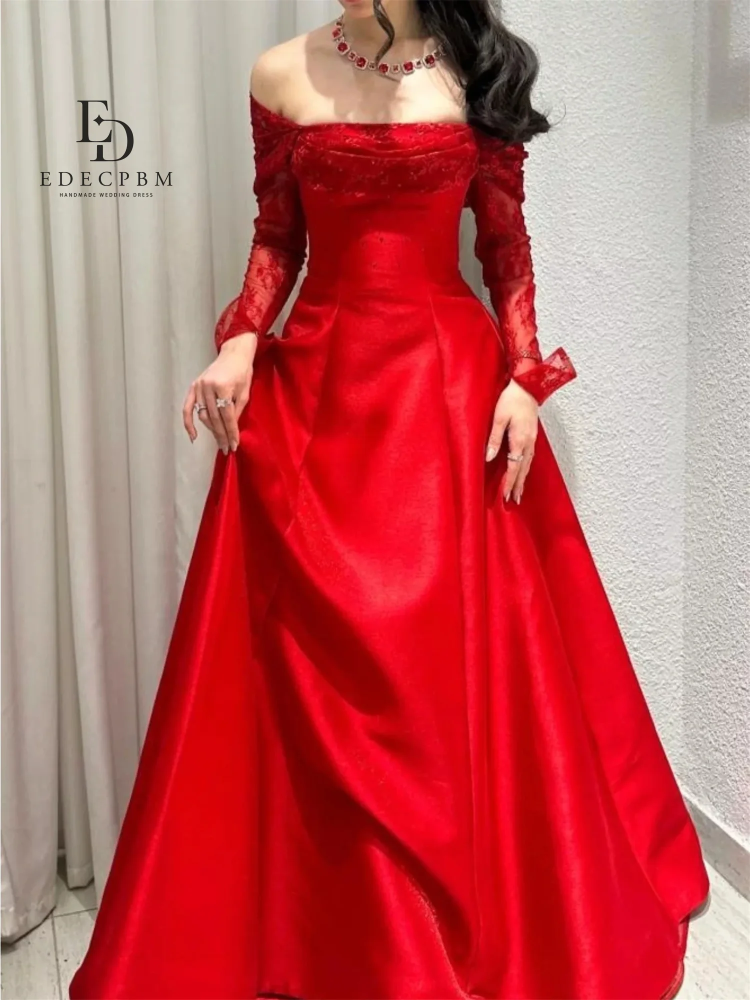 فساتين EDECPBM Vestidos De Festa النسائية للمناسبات الخاصة فساتين نسائية أنيقة مخصصة لحفلات الزفاف باللون الأحمر الساتان