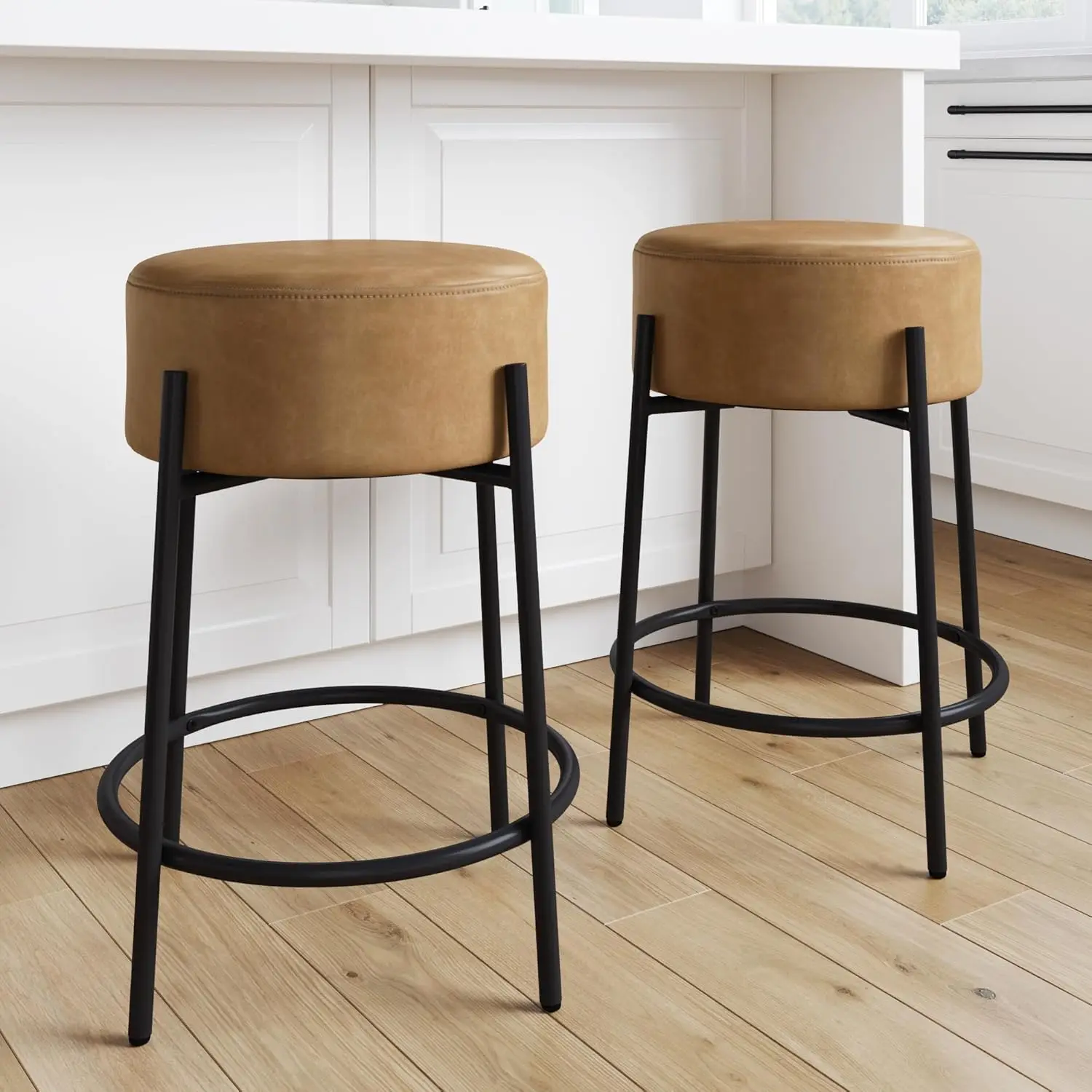 

Isaac 24" Modern Backless Bar Stool with Round Soft Padded Upholstered Seat and Metal Mid-Century Base
