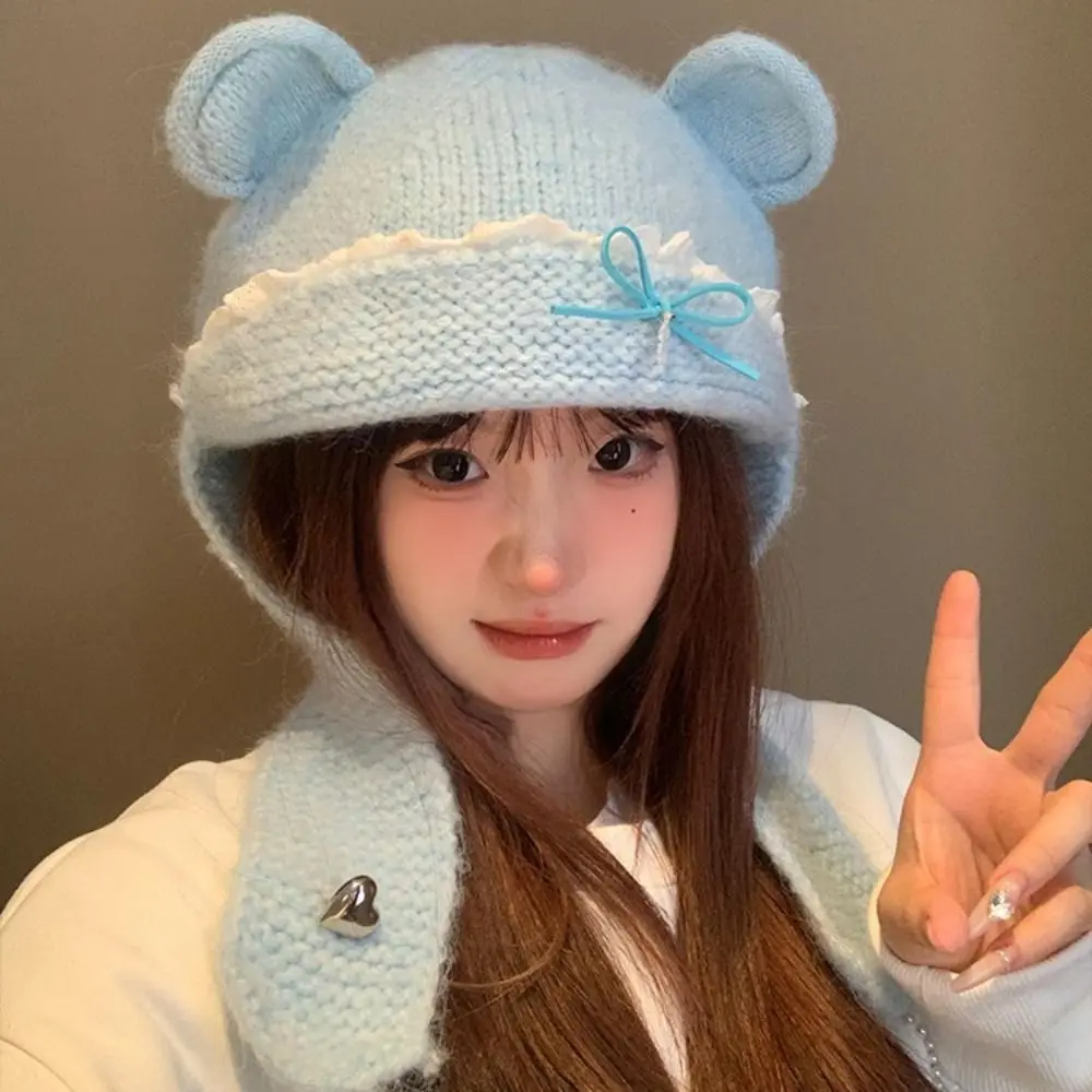 

Cute Sweet Bear Ear Knitted Hat Bow Keep Warm Neck Collar Beanies Cap Woolen Ear Protection Pullover Cap Outdoor