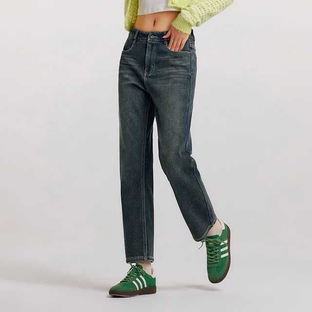 Spodnie damskie Semir Jeans z polaru, postarzane, długie, retro, nowość na zimę 2025, wyszczuplające, z prostymi nogawkami.