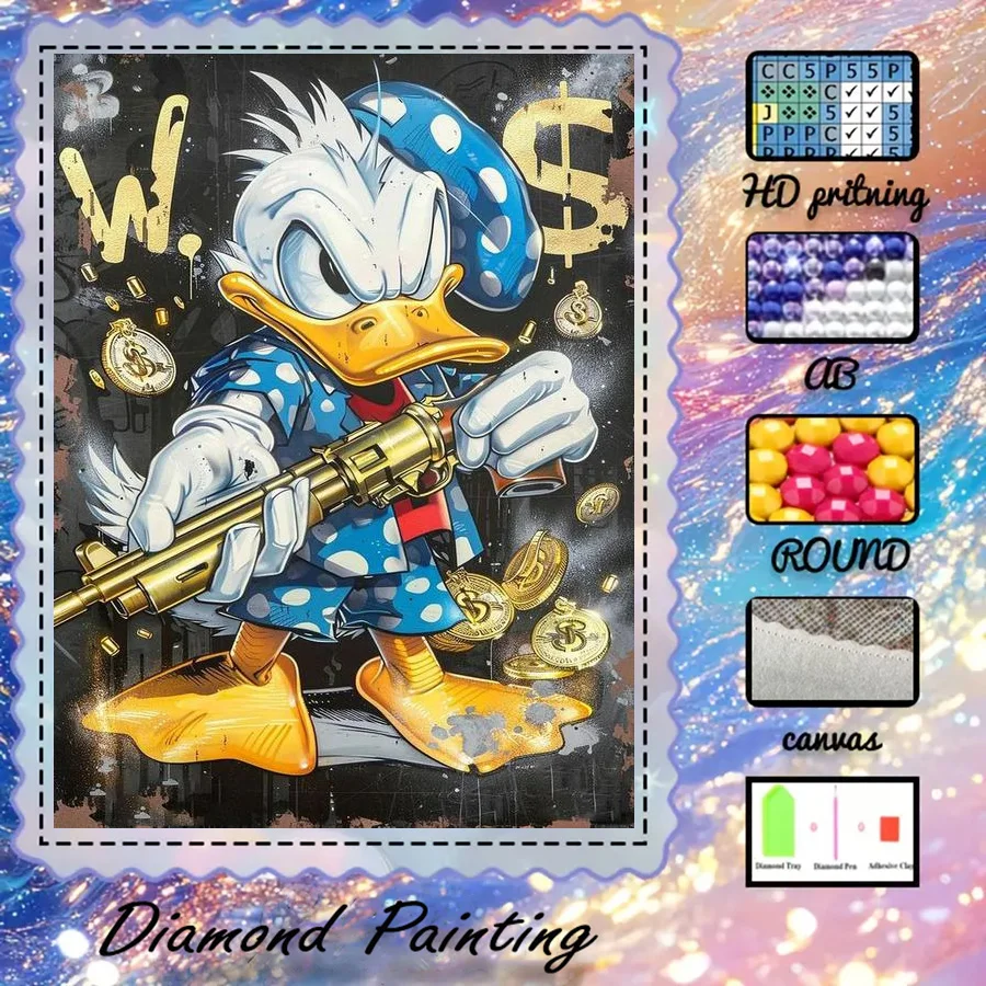 1 Stück - Potdemiel-5D-DIY - Beflockter Stoff - Spezialbohrer - Diamantmalerei-Set - Donald Duck, Goldmünzen - Diamantkunst