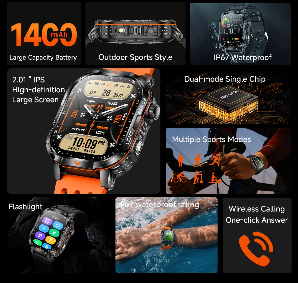 Men's Military Outdoor Sport Smart Watch with 1400mAh Battery Flashlight Waterproof Bluetooth Call Function 2.01 Inch AMOLED Scr