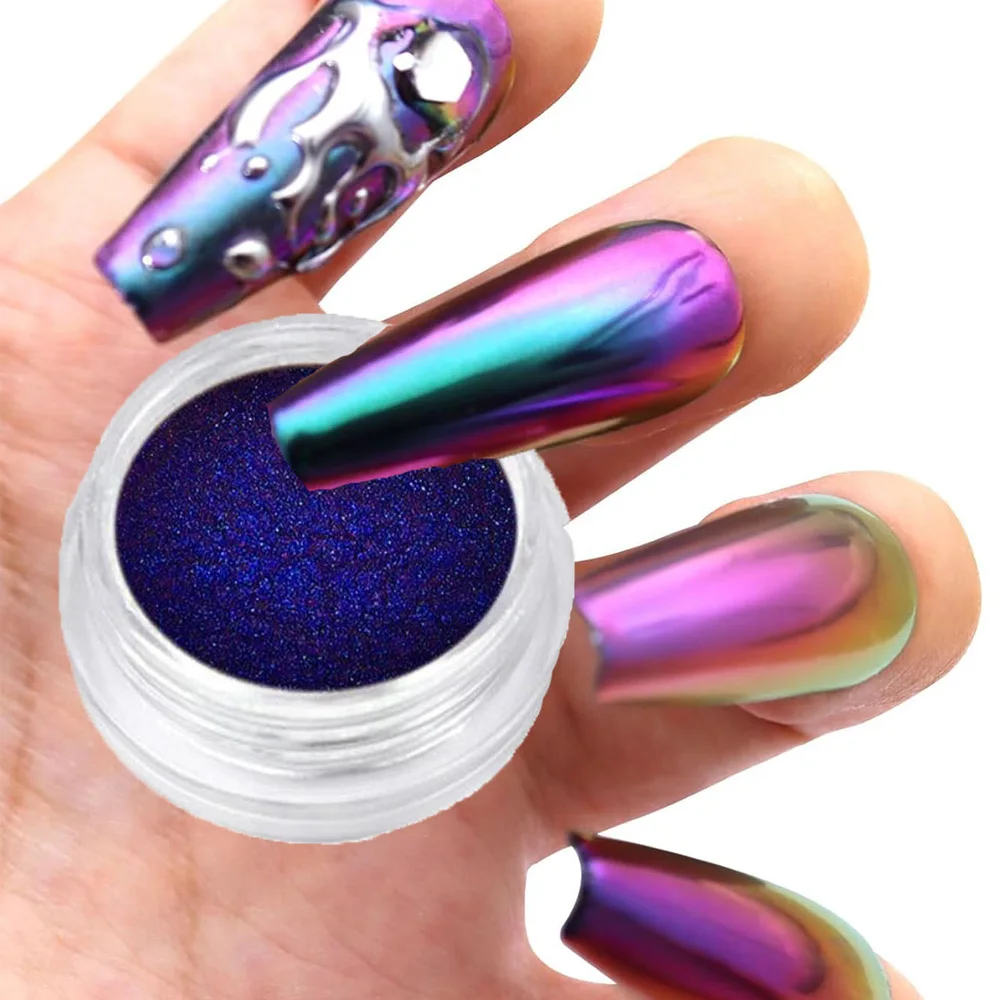 1박스 카멜레온 미러 네일 파우더 블루 메탈릭 효과 크롬 더스트 네일용 Y2K 옴브레 카멜레온 파우더 네일 아트 피그먼트