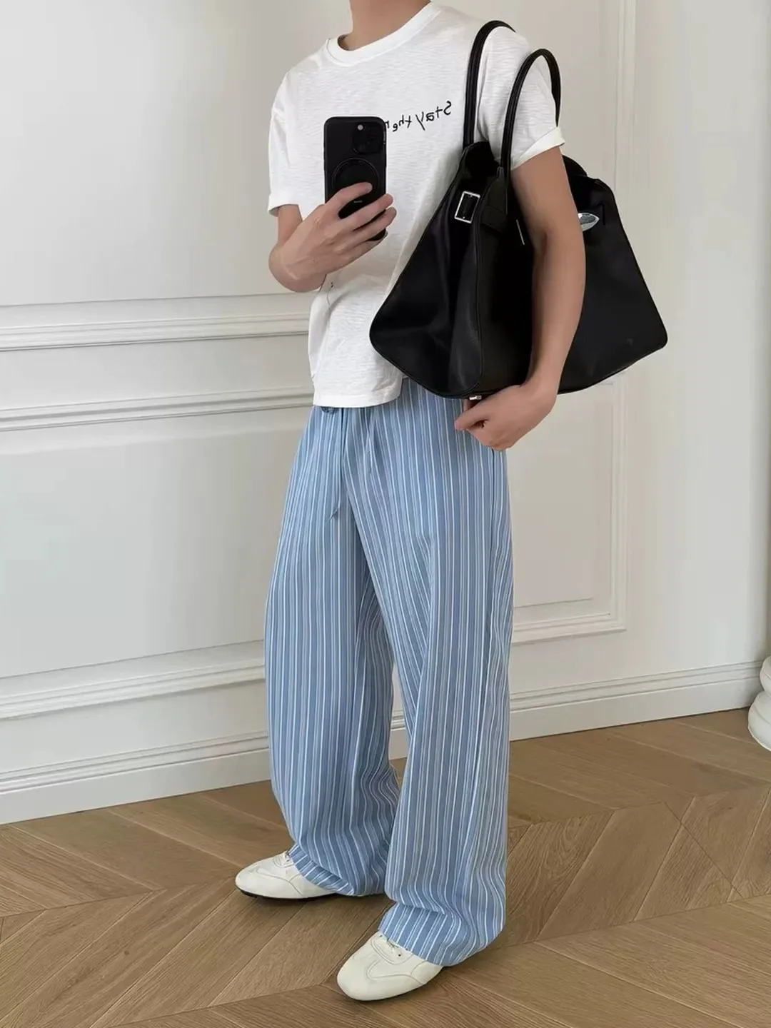 American Style Casual Blue Stripe Men's Summer Beach Pants Ice Silk Loose Fit Wide Leg Pants Breathable Comfortable Leisure T...