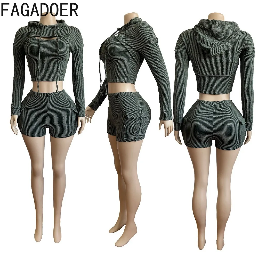 FAGADOER Summer New Solid Ribber Hooded Two Piece Sets Women Vest Long Sleeve Crop Top Shorts Outfits Fashion Sporty Clothing