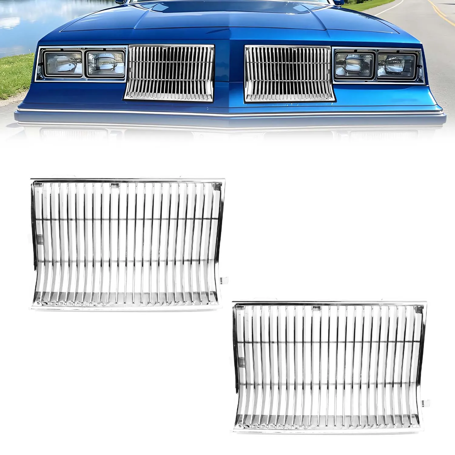 2PCS Silver Front ABS Plastic Hood Insert Grill Grille Cover For 1981 1982 1983 1984 1985 1986 Oldsmobile Cutlass 2 Door Models