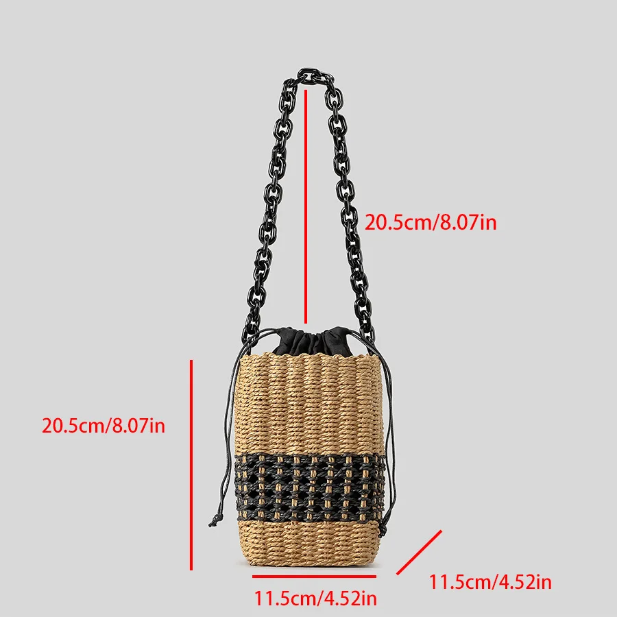 Female Summer Square Straw Bag Design Acrylic Chain Women\'s Drawstring Shoulder Bag Bohemian Bali Vacation Travel Beach Bag