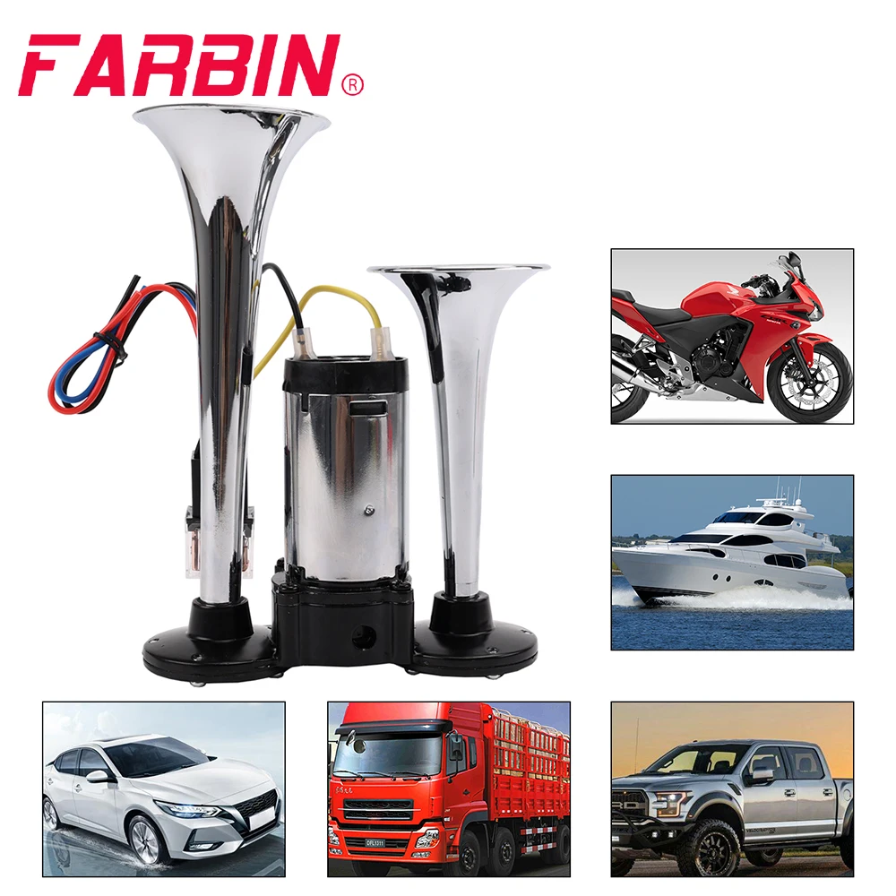 FARBIN 12V Air Horn Double Tube Conjoined Pump Horn Super Loud With Relay Compressor For Vehicle Truck Boat Motorcycle Accessory