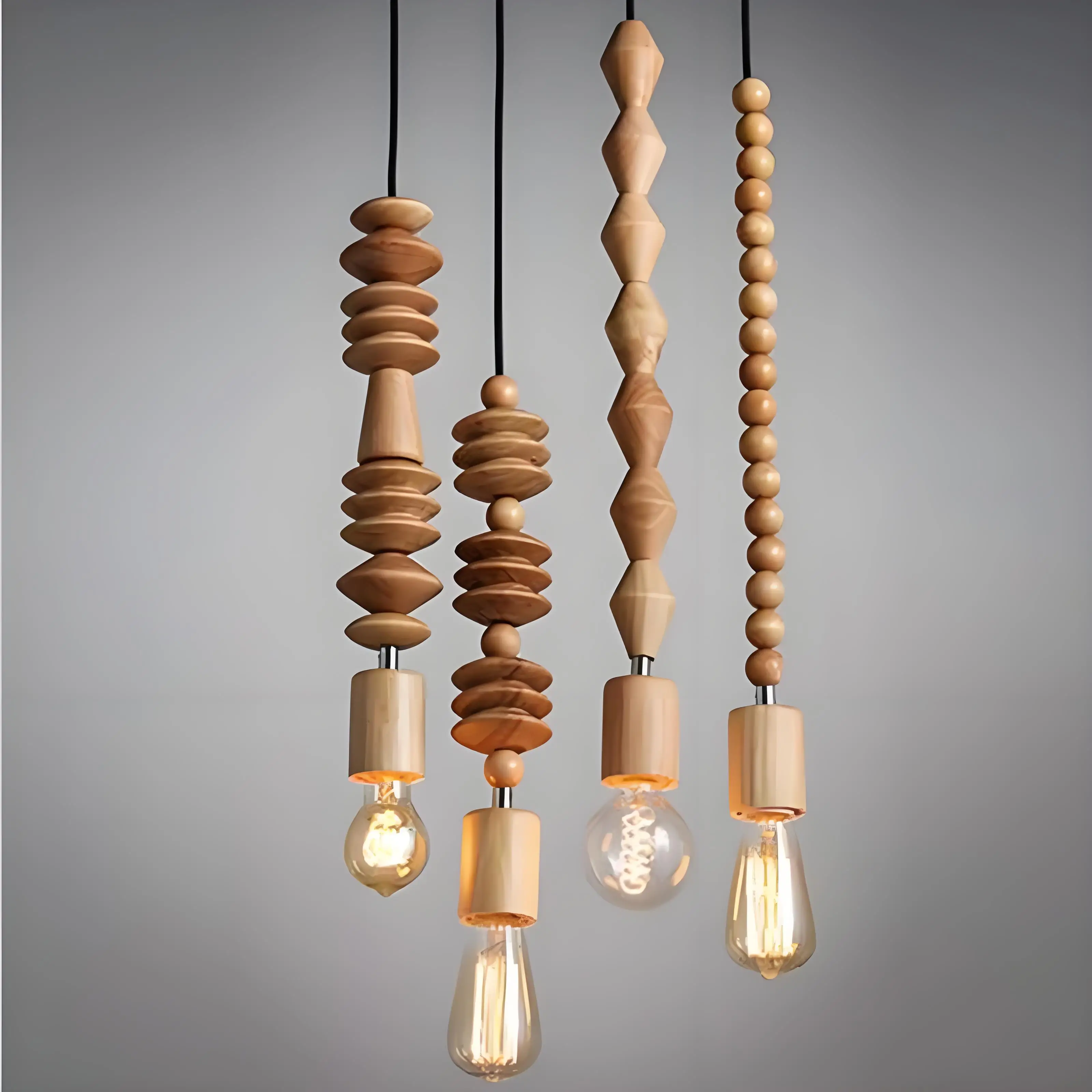 Retro style Oak wood pendant lamp Vintage 100cm cord geometric beads string droplight indoor Light Fixture