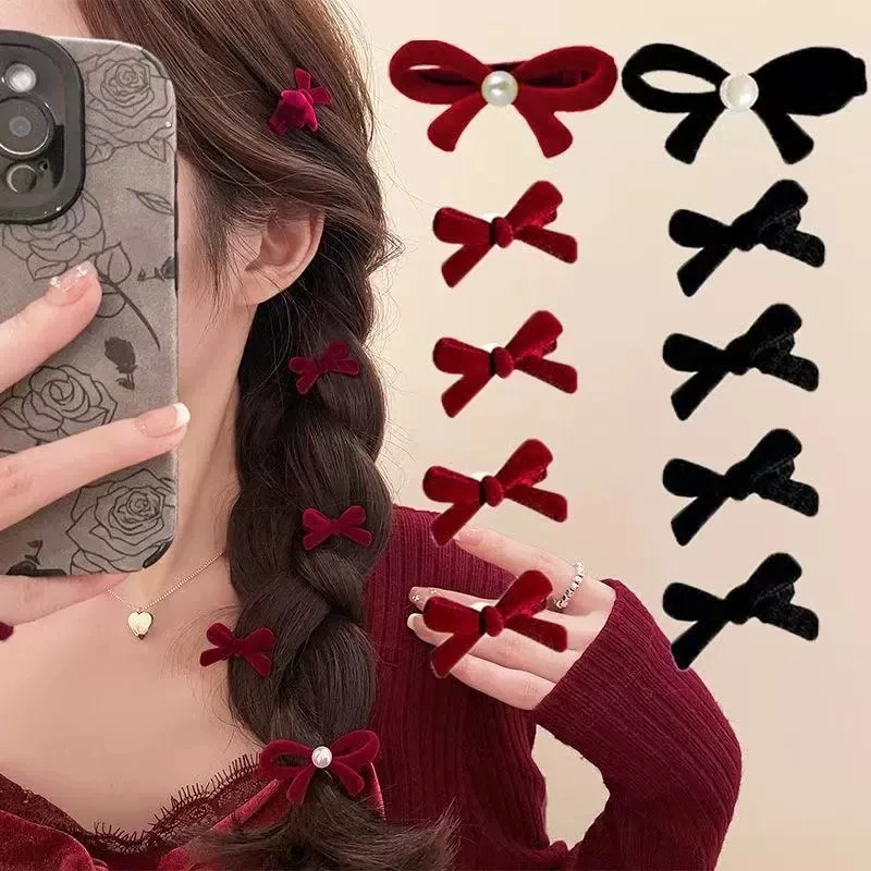 Mini pinzas para el pelo con lazo de terciopelo rojo para niñas, horquillas con nudo de lazo pequeño de terciopelo de Color caramelo, pasador, accesorios para el cabello
