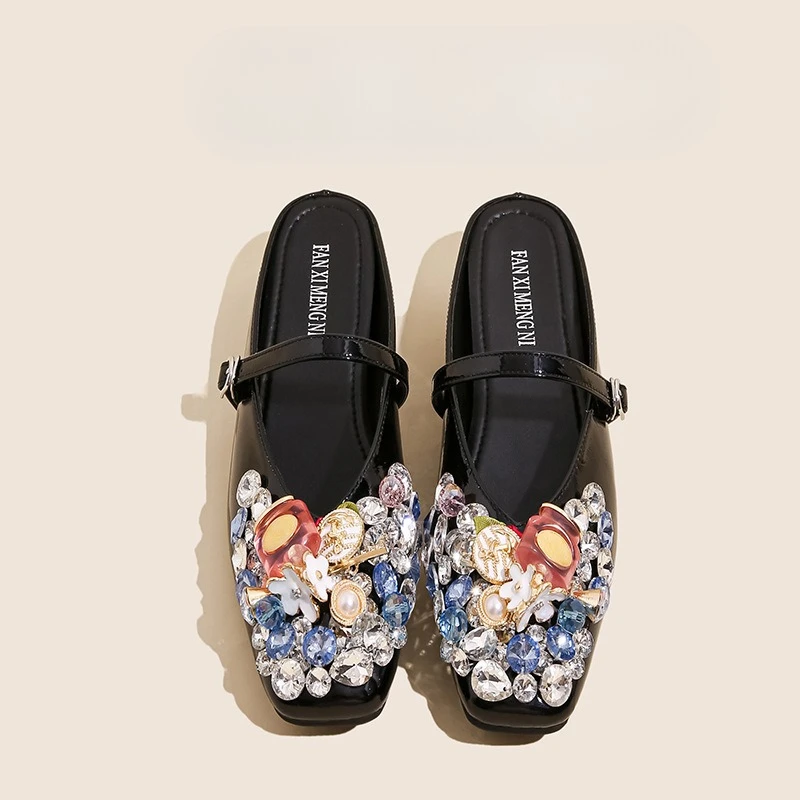 

New Women Shoes Exquisite Rhinestone Muller Slippers for Woman French Style Square Head Casual Shoe Designer Shoes Zapatos Mujer