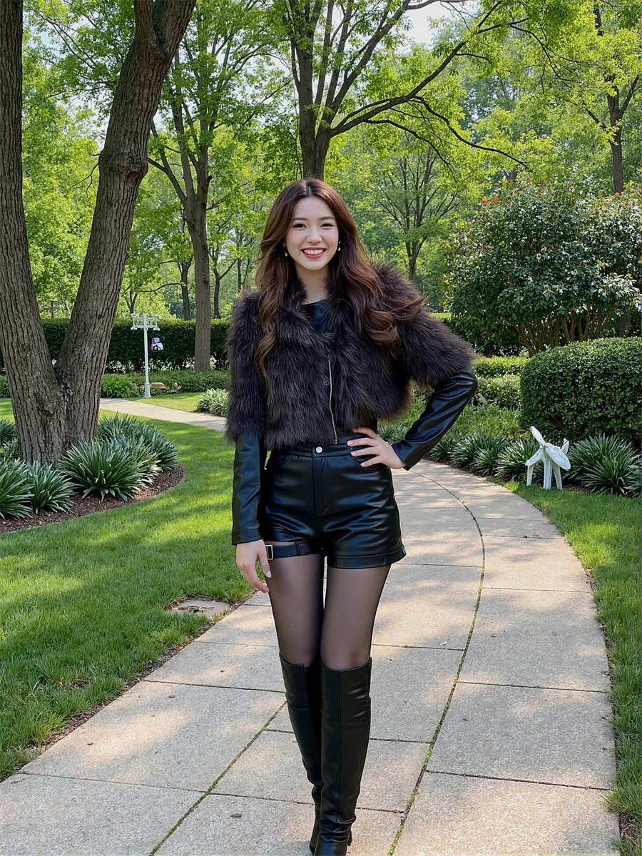 Shorts Womens High Waist Matte Leather Black Slim Casual Hot Girl Straight Sexy Pleated Fitness Summer Ripped Pocket