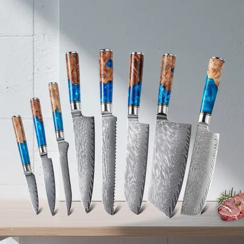 Kitchen Knives-Set Damascus Steel Chef Knife Cleaver Paring Bread Knife Blue Resin Handle  set