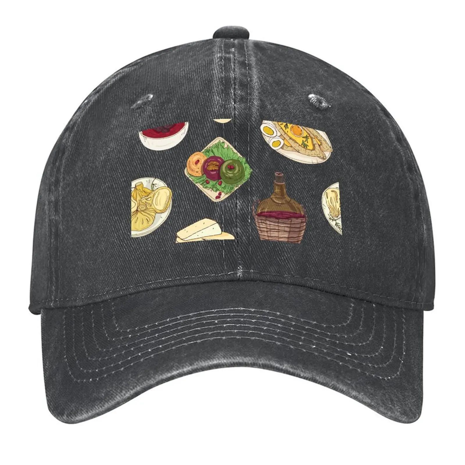 

Assorted Georgian Food Pattern - Khachapuri, Khinkali, Badrijani, Dolma, Kharcho, Wine and Cheese Baseball Cap