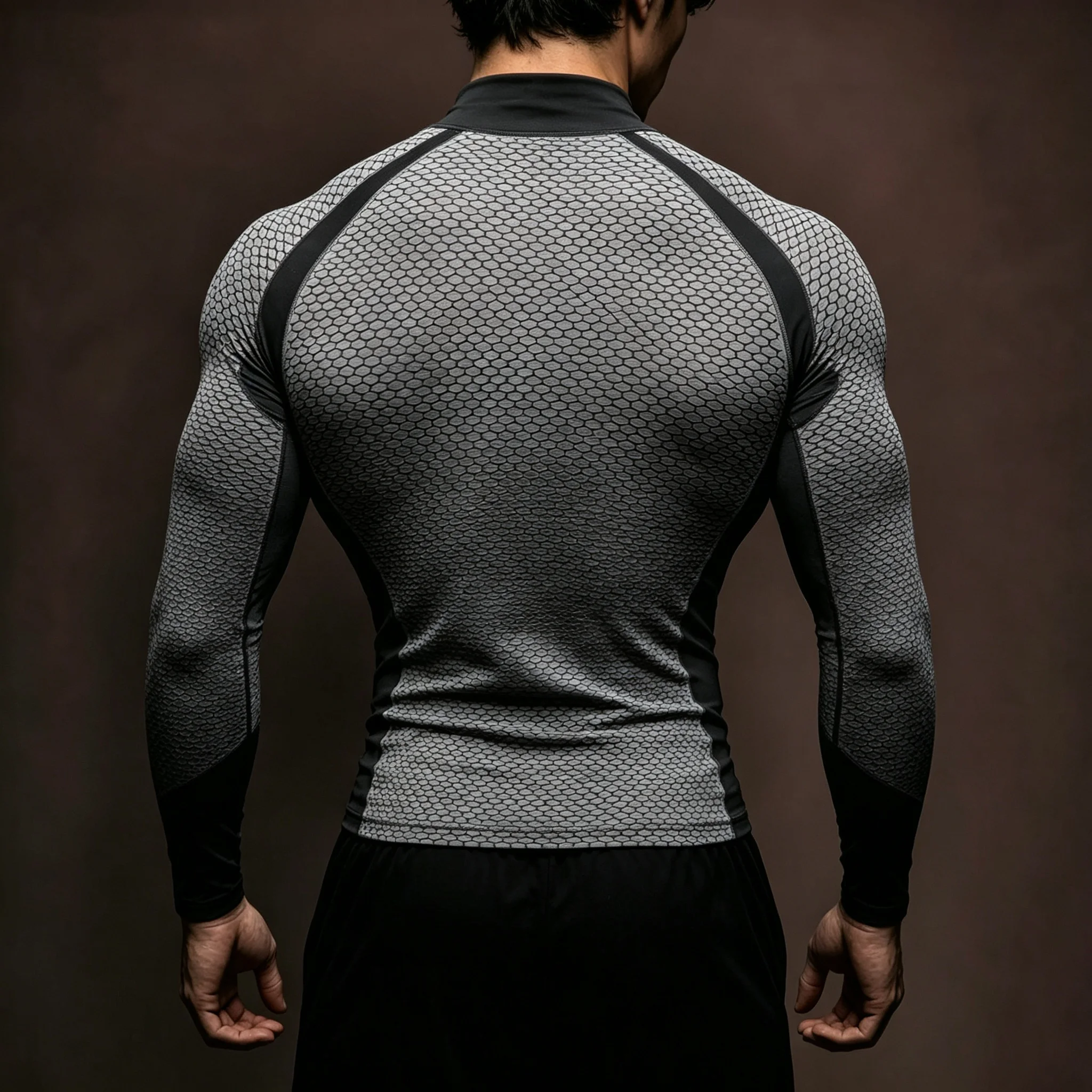 Herren Kompressions-Langarmshirt mit Halbrollkragen, Wabenmuster, schnelltrocknend, für Fitness, Training, Laufen und Sport – Detail 5