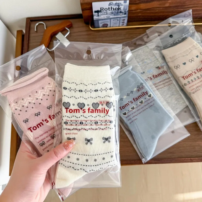 

6 Pairs Korean Style Socks for Women Spring and Autumn Mid Length Ladies Socks with Bows Hearts Cute Long Socks Set High Quality