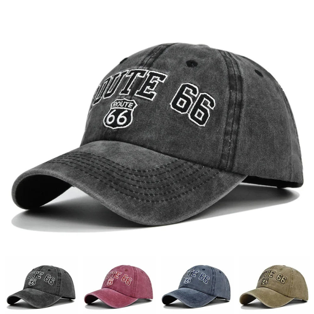 New Baseball Cap ROUTE 66 Embroidered Baseball Cap Washed To Make Old Baseball Cap Embroidered Duck Hat Cowboy Hat Visor