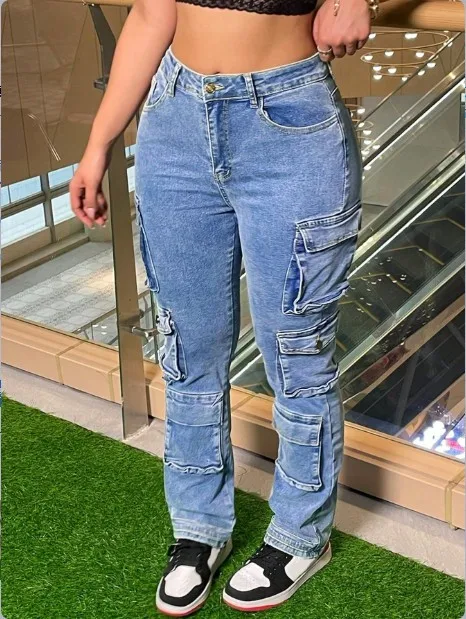 جديد منخفض الخصر غسلها الرجعية المتعثرة متعدد جيب تصميم ملابس العمل نمط الجينز للنساء الاتجاه عادية سليم صالح الجينز