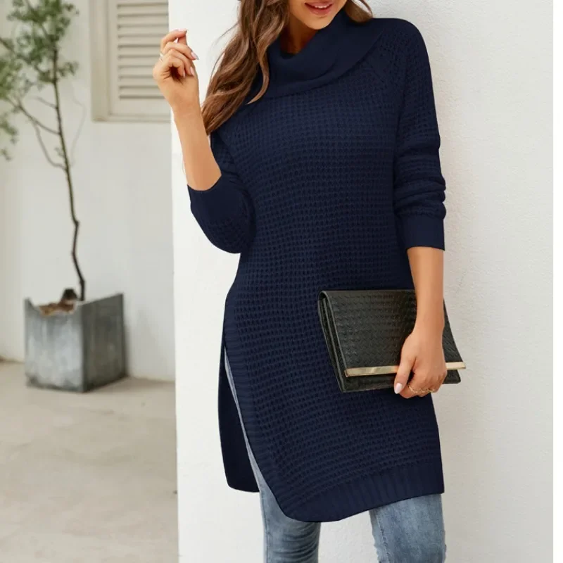 

Autumn and Winter Women's Pullover Solid High Neck Screw Thread Lantern Long Sleeve Medium Length Sweater Knitwear Casual Tops