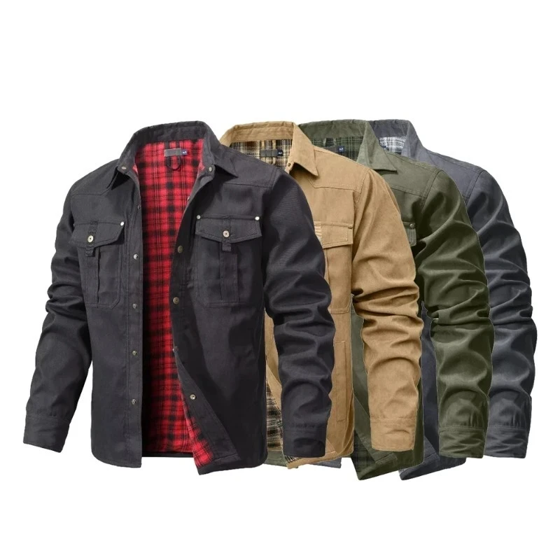 Harajuku Men's Jackets Flannel Lined Shirt Coat Casual Snap Button Overshirt Western Cowboy Style High Quality Autumn Winter
