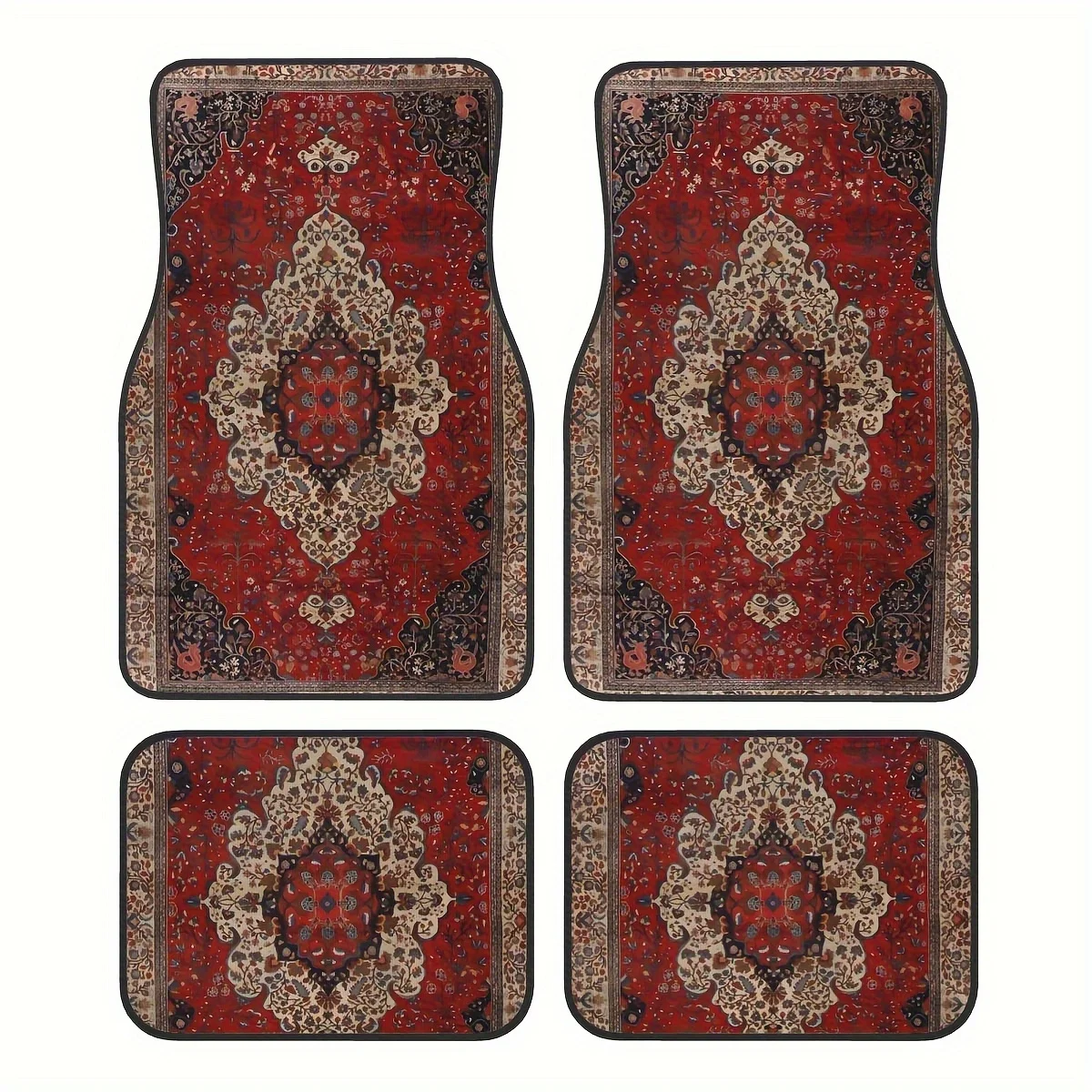 4-Pack Bohemian Style Rubber Car Mats - Anti-Slip Waterproof Easy Clean, Universal Front/Rear, Stylish Interior Decor