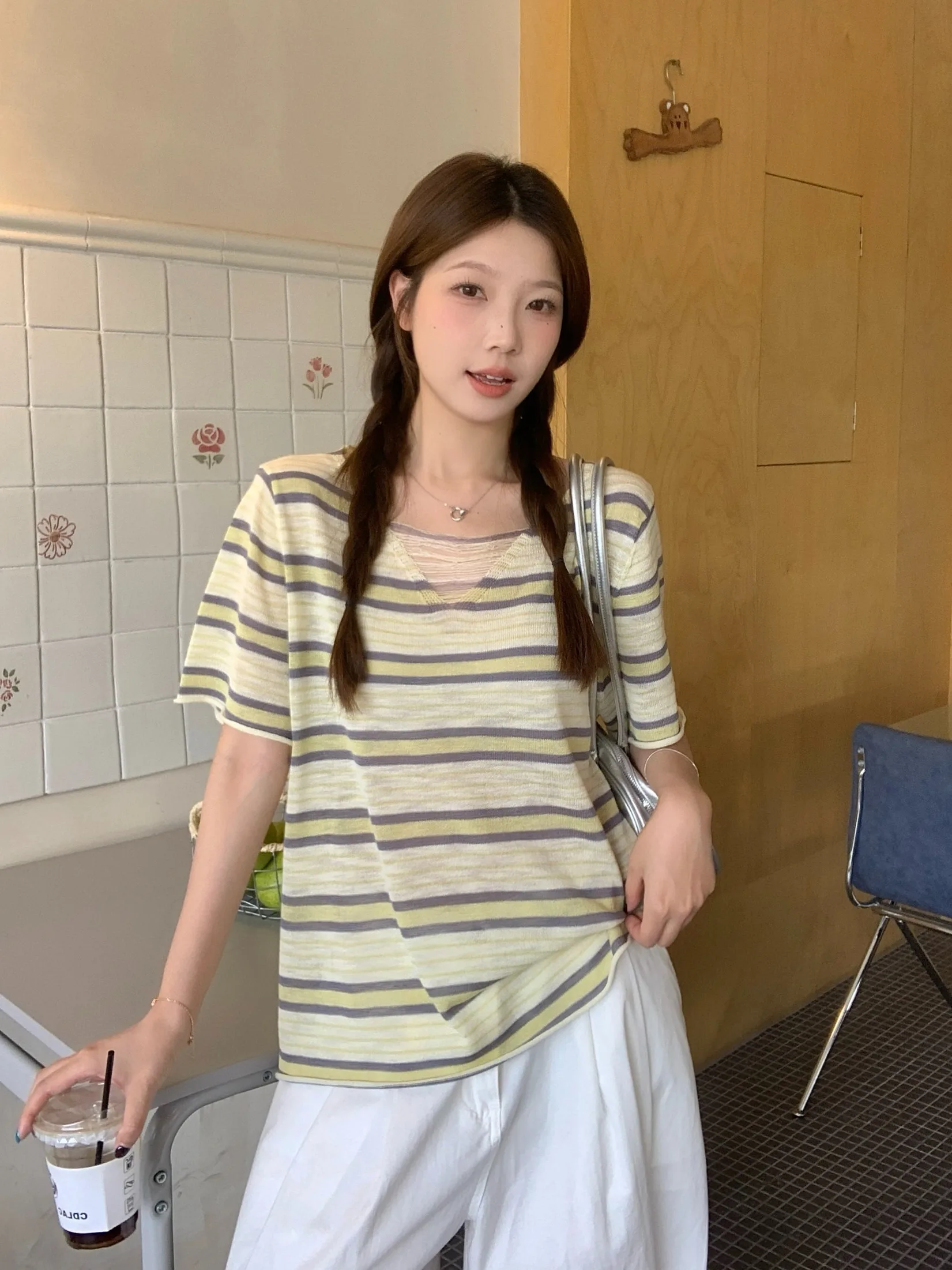 

plus Size Women's Lazy Style Striped Short Sleeve T-Shirt Loose Casual Summer Slimming Versatile Top Korean Version Knitted
