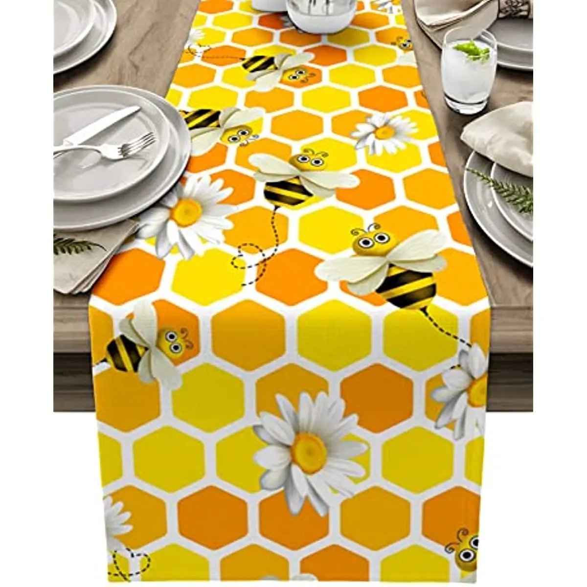 

Honeycomb Honey Bee Daisy Linen Table Runners Dresser Scarf Decor Washable Table Runners for Dining Table Holiday Party Decor