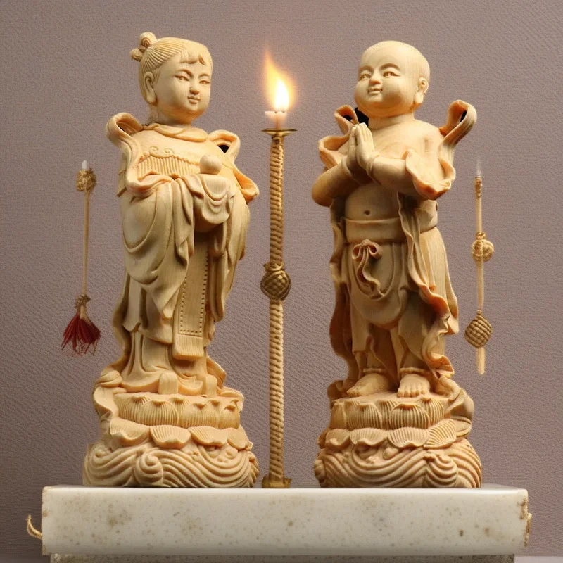 

Wooden Boy Girl character sculptures and figurines -Chinese Wooden Blessing Dolls Home Office Feng Shui Wealth Boy Girl Statue