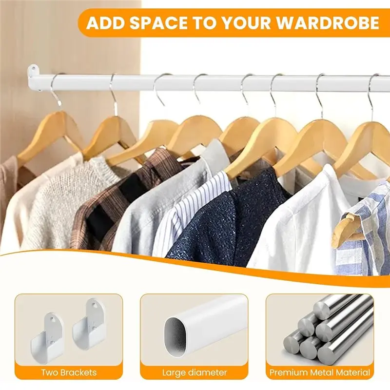 [NEWA64Z!】 Cabinet Closet Rod 18-40 Inch Adjustable Oval Wardrobe Hanging Pole 1 Inch Diameter With End Supports